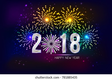 Happy New Year 2018 with fireworks background. illustration vector.