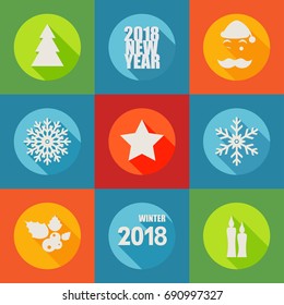 Happy New Year 2018 flat icons set with berry, christmas tree, 
star, candles, snowflakes and Santa. Vector Illustration
Long Shadow. Flat style.