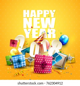 Happy New Year 2018 - Flyer with colorful gift boxes, balloons and party hat on orange background