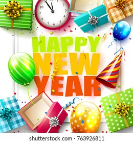 Happy New Year 2018 - Flyer with colorful gift boxes, balloons and party hat on white background