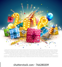 Happy New Year 2018 - Flyer with colorful gift boxes, balloons and party hat on blue background