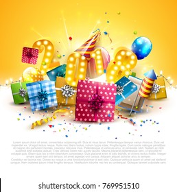 Happy New Year 2018 - Flyer with colorful gift boxes, balloons and party hat on orange background