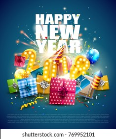 Happy New Year 2018 - Flyer with colorful gift boxes, balloons and party hat on blue background