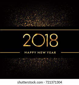 Happy New Year 2018 with glitter isolated on black background, text design gold colored, vector elements for calendar and greeting card.