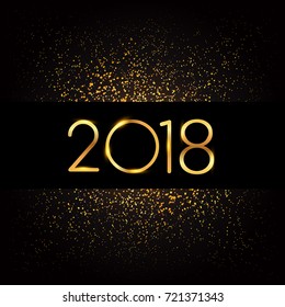 Happy New Year 2018 with glitter isolated on black background, text design gold colored, vector elements for calendar and greeting card.