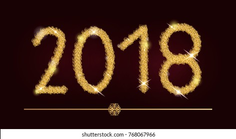 Happy New Year 2018 glitter gold text christmas greeting card glittering numbers design template golden calligraphy vector illustration. Holiday calendar xmas banner.