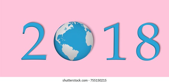 Happy new year 2018. globe concept.paper art and craft style