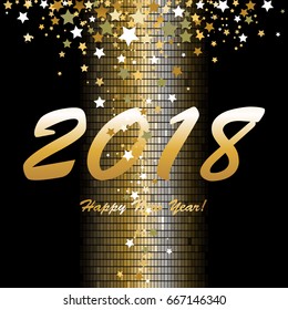 Happy New Year 2018! Gold stars on a black and gold background