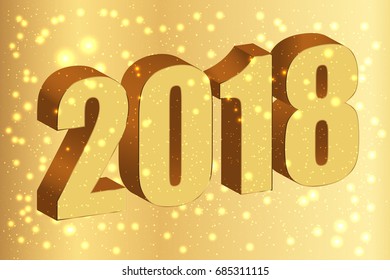 Happy new year 2018. Gold numbers 3D on the golden background with glitter. Vector illustration.