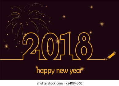 Happy New Year 2018 gold with fireworks and sparkles vector. Line art illustration.