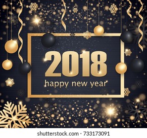 Happy New Year 2018 gold and black color space for text Christmas balls, golden concerts and snowflakes. Golden bokeh, light and ribbons. Vector illustration