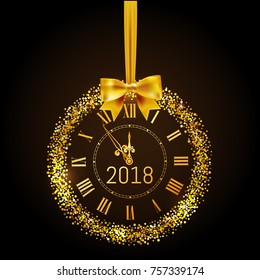 Happy New Year 2018 gold vintage watch. Creeting Happy New Year gold clock with bow and circle glitter and sparkle frame. Vector illustration.