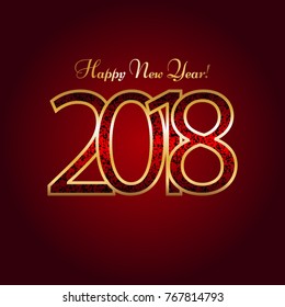 Happy New Year 2018! Gold on a red background. Brilliant stars.