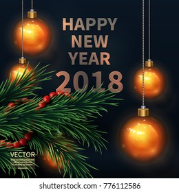 Happy new year 2018 gold and black.Fir Tree greeting card,Poster.Ornaments for Christmas trees. vector illustration