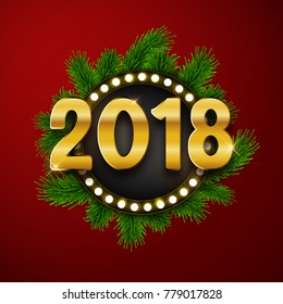 Happy new year 2018, gold text, card, postcard, vector illustrat