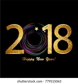 Happy New Year 2018 Year! Gold stars on a black background.