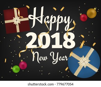 Happy new year 2018 gold collars place for text christmas balls and gift boxes, star flyer brochure top view. vector illustration