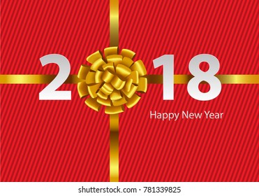 Happy New Year 2018 Gold ribbon white number text on red line pattern design for holiday festival countdown celebration background vector illustration. 