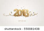 Happy New Year 2018. Golden 3D numbers with ribbons and confetti on a white background.
