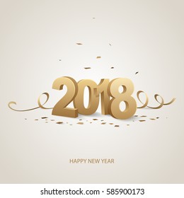 Happy New Year 2018. Golden 3D numbers with ribbons and confetti on a white background.