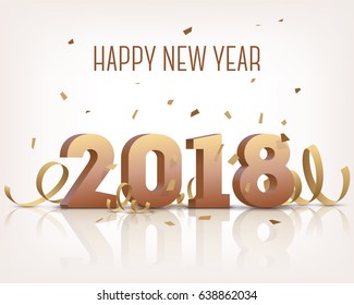 Happy New Year 2018. Golden 3D numbers with ribbons and confetti on a white background.