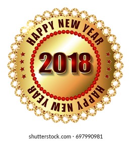 Happy New Year 2018 golden label and stamp with diamonds. Vector illustration