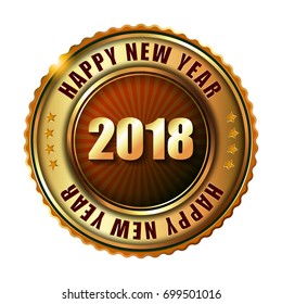 Happy New Year 2018 golden label and stamp. Vector illustration