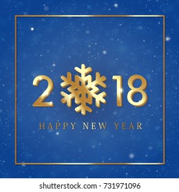 Happy New Year 2018 golden numbers design. Vector greeting illustration with snowflake.