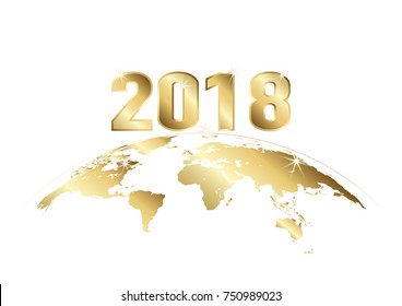 Happy New Year 2018. Golden text with earth on white background, vector illustration 