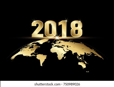 Happy New Year 2018. Golden text with earth on black background, vector illustration 