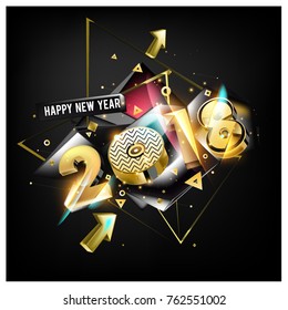Happy New Year 2018 with golden and colorful 3d background