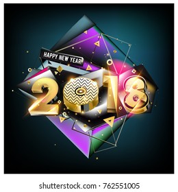 Happy New Year 2018 with golden and colorful 3d background