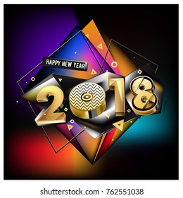 Happy New Year 2018 with golden and colorful 3d background