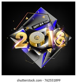 Happy New Year 2018 with golden and blue lights background