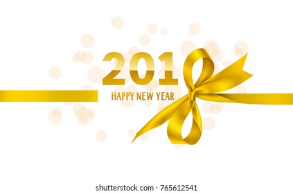 Happy New Year 2018 golden greeting with yellow bow and horizontal ribbon. Vector New Year white background. Abstract 2018 number created with gold bow