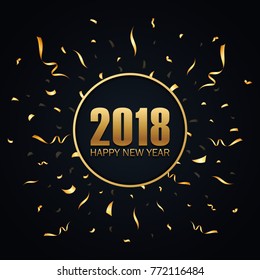 Happy New Year 2018 with golden confetti on black background