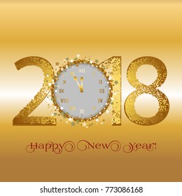 Happy New Year 2018! Golden stars and clocks on a yellow background.