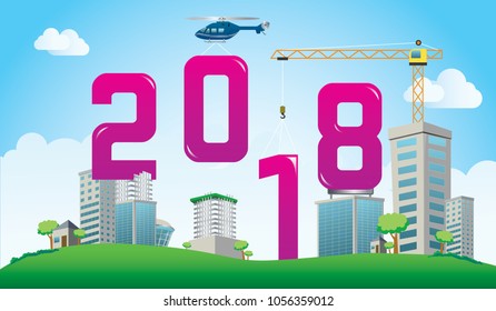 happy new year 2018 graphic font typography font poster design buildings construction vector illustration