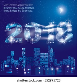 Happy New Year 2018 greeting card. City Lights. Vector illustration of city with lighting windows, the moon, trees, lamps and houses in winter time. Holidays concept.