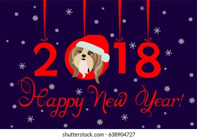 Happy New Year 2018 greeting banner with hanging xmas paper numbers and funny puppy