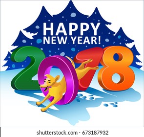 Happy New Year 2018 greeting card. Year of the dog. Yellow cartoon dog jumps through bright colorful 3d numeral. Vector illustration.