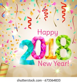 Happy New Year 2018 greeting card. Festive illustration with colorful confetti, party popper and sparkles. Vector