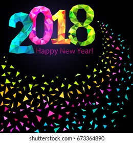 Happy New Year 2018 greeting card. Festive illustration with colorful confetti, party popper and sparkles. Vector