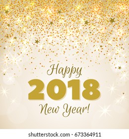 Happy New Year 2018 greeting card. Festive illustration with colorful confetti, party popper and sparkles. Vector