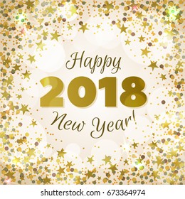 Happy New Year 2018 greeting card. Festive illustration with colorful confetti, party popper and sparkles. Vector