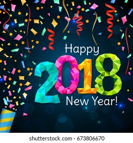 Happy New Year 2018 greeting card. Festive illustration with colorful confetti, party popper and sparkles. Vector