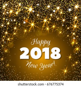Happy New Year 2018 greeting card. Festive illustration with colorful confetti, party popper and sparkles. Vector