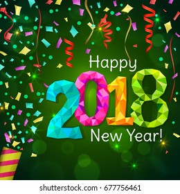 Happy New Year 2018 greeting card. Festive illustration with colorful confetti, party popper and sparkles. Vector