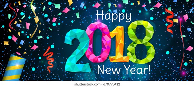 Happy New Year 2018 greeting horizontal banner. Festive illustration with colorful confetti, party popper and sparkles. Vector