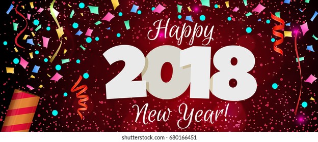 Happy New Year 2018 greeting horizontal banner. Festive illustration with colorful confetti, party popper and sparkles. Vector